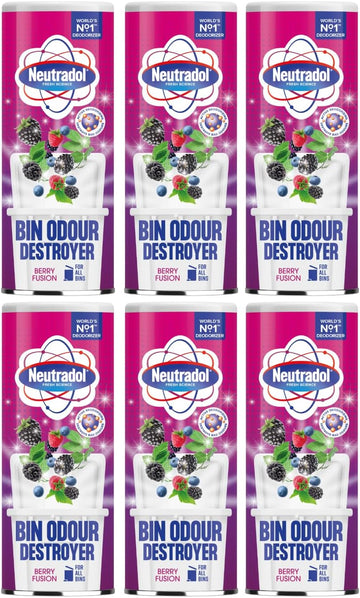 Neutradol Dustbin Odour Destroyer, Bin Freshener Deodorising Powder, Odour Eliminator For Indoor & Outdoor Bins, Berry Fusion, Multipack Of 6 X 350G