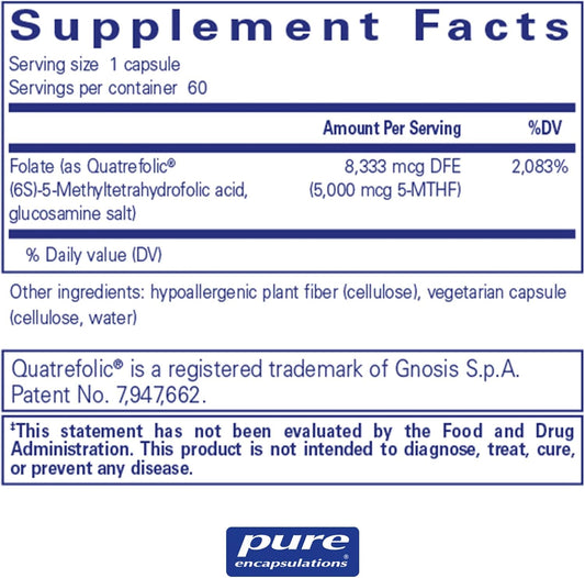 Pure Encapsulations - Folate 5,000 - Activated Vitamin B9 as 5-Methyltetrahydrofolate (5-MTHF) - 60 Capsules