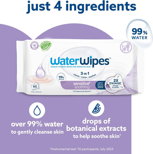 Waterwipes Relieving Cleaning Baby Wipes, 360 Wipes (6 Packs), With 99% Water & Botanical Extracts, Wet Wipes For Face & Body