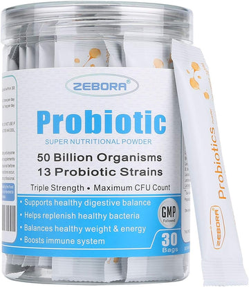 Zebora Probiotics For Women, Men And Kids, Prebiotics And Probiotics Powder For Digestive And Immune Gut Health - Support Healthy-Respiratory-System Gluten Free And Non Gmo, 30 Packets