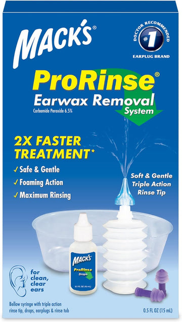 Mack'S Prorinse Ear Wax Removal System - 0.5 Fl Oz Ear Drops, Ear Plugs, Ear Wash Tub & Ear Syringe With Triple-Action Rinse Tip