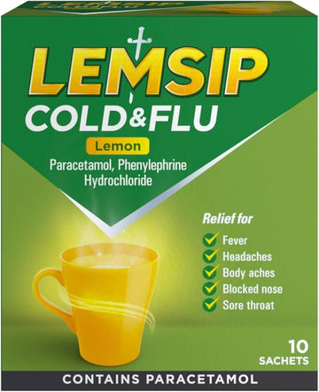 Lemsip Cold And Flu Sachets, Lemon, 10 Total, Paracetamol, Cold And Flu Relief, Headache, Blocked Nose Relief, Sore Throat Relief, Fever, Full Relief, Decongestants, Medication