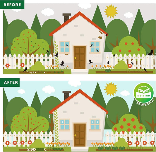 De-Bird Repellent Owls Reflective And Decorative Scare Deterrent To Keep Pigeons, Woodpeckers, Crows, Hawks And More Pests Away - Works With Scare Devices Like Netting, Scare Tape, Spikes, Scarecrows