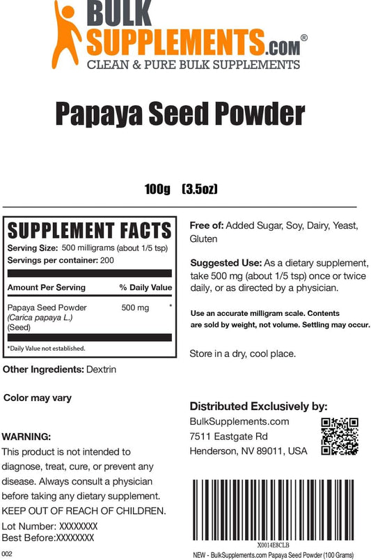 Bulksupplements.Com Papaya Seed Powder - From Carica Papaya Seeds, Papaya Powder - Papaya Digestive Support, Gluten Free & Sugar Free, 500Mg Per Serving, 100G (3.5 Oz)
