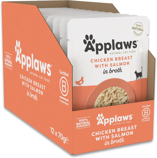 Applaws 100% Natural Adult Wet Cat Food, Chicken With Salmon In Broth 70G Pouch, (12 X 70 G Pouches)