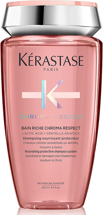 Kérastase Chroma Absolu, Nourishing & Protecting Shampoo, For Sensitised Or Damaged Color-Treated Hair, Medium To Thick, With Alpha-Hydroxylated Acid (Aha), Bain Riche Chroma Respect, 250Ml