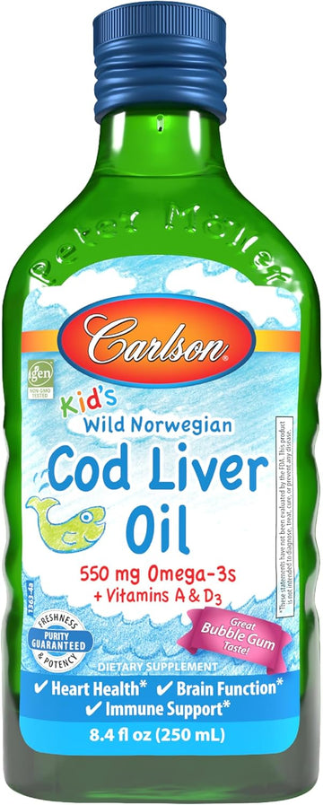 Carlson - Kid'S Cod Liver Oil, 550 Mg Omega-3S, Vitamins A & D3, Wild Norwegian, Bubble Gum, 250 Ml