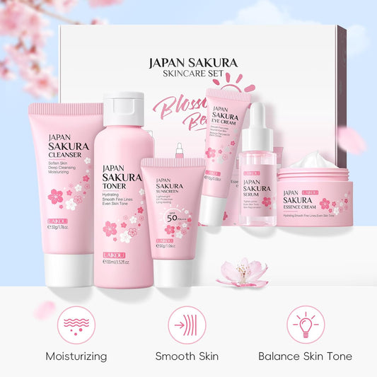 Laikou Skincare Set, Japan Sakura Skin Care Sets & Kits - Cleanser, Toner, Lotion, Serum, Eye Cream, Face Cream, Travel Gift Sets For Women Teenage Girls Mom Daughter, Tsa-Friendly Sizes 6Pcs