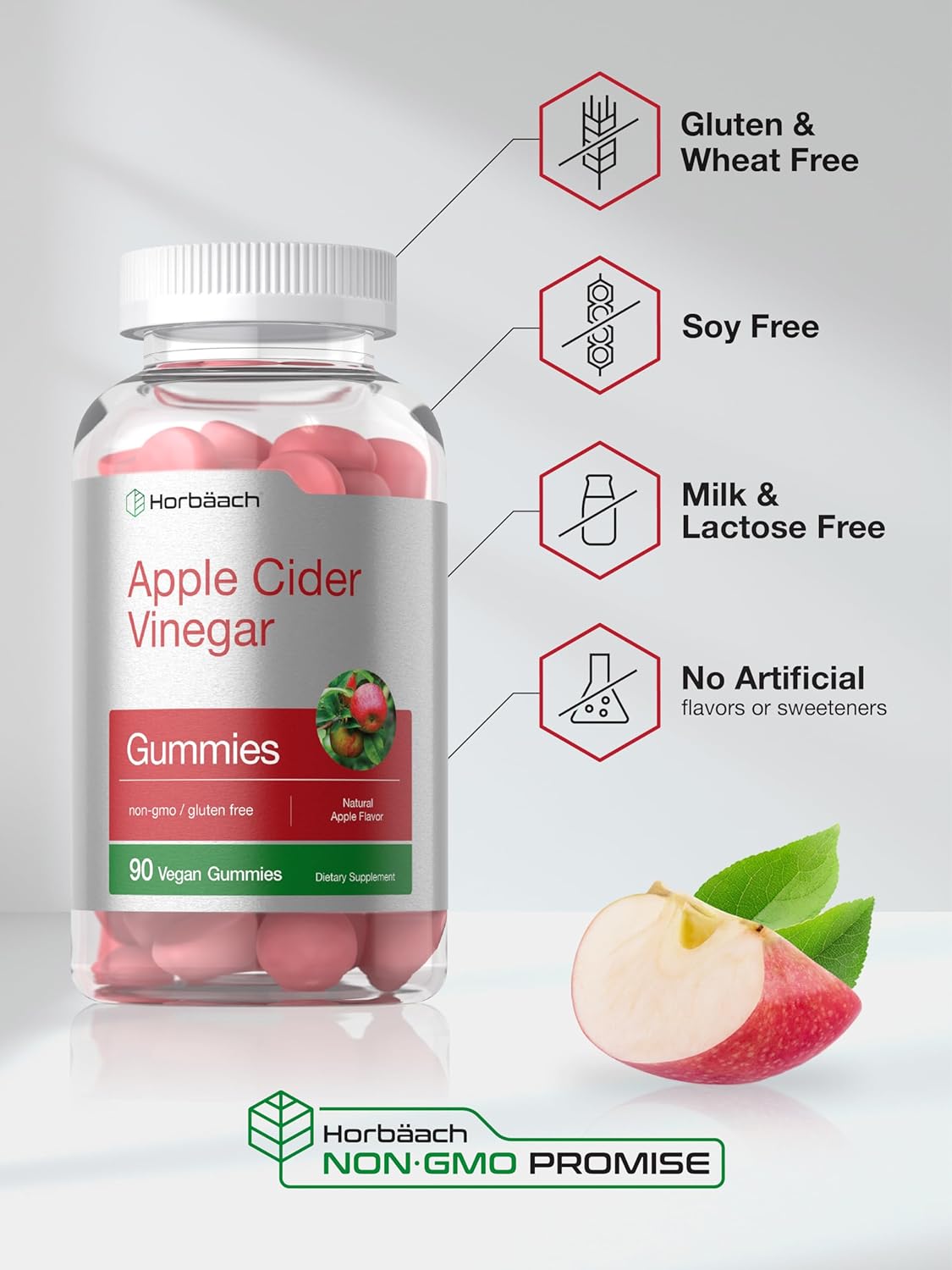 Horbäach Vegan Apple Cider Vinegar Gummies | 90 Count | ACV Supplement | Apple Flavor | Non-GMO, Gluten Free Gummies for Adults : Health & Household
