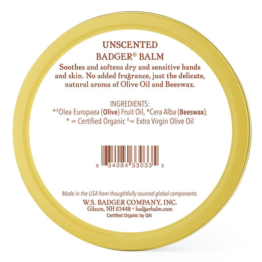 Badger Balm Unscented, 100% Organic Olive Oil & Beeswax, Fragrance Free Hand Cream, Long Lasting Sensitive Skin Moisturizer, 2 Oz Tin