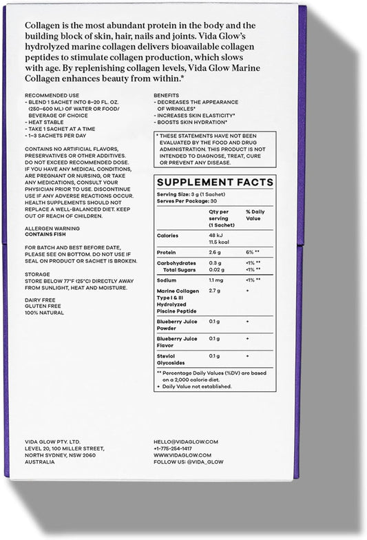 Vida Glow Marine Collagen Powder - Anti Aging Supplement With Collagen Peptides, Promotes Glowing Skin, Strong Nails, Healthy Hair | 30 Servings, Original Flavor (One Size, Blueberry)