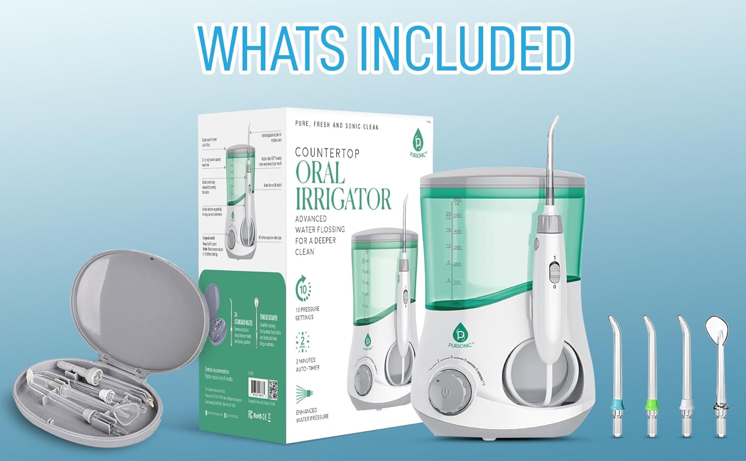 Pursonic Oi-200 Professional Water Flosser For Teeth With 3 Nozzles - Bonus Tongue Scraper Multiple Pressure Settings - Electric Flosser Timer And Plaque Removal For Gum Health : Health & Household