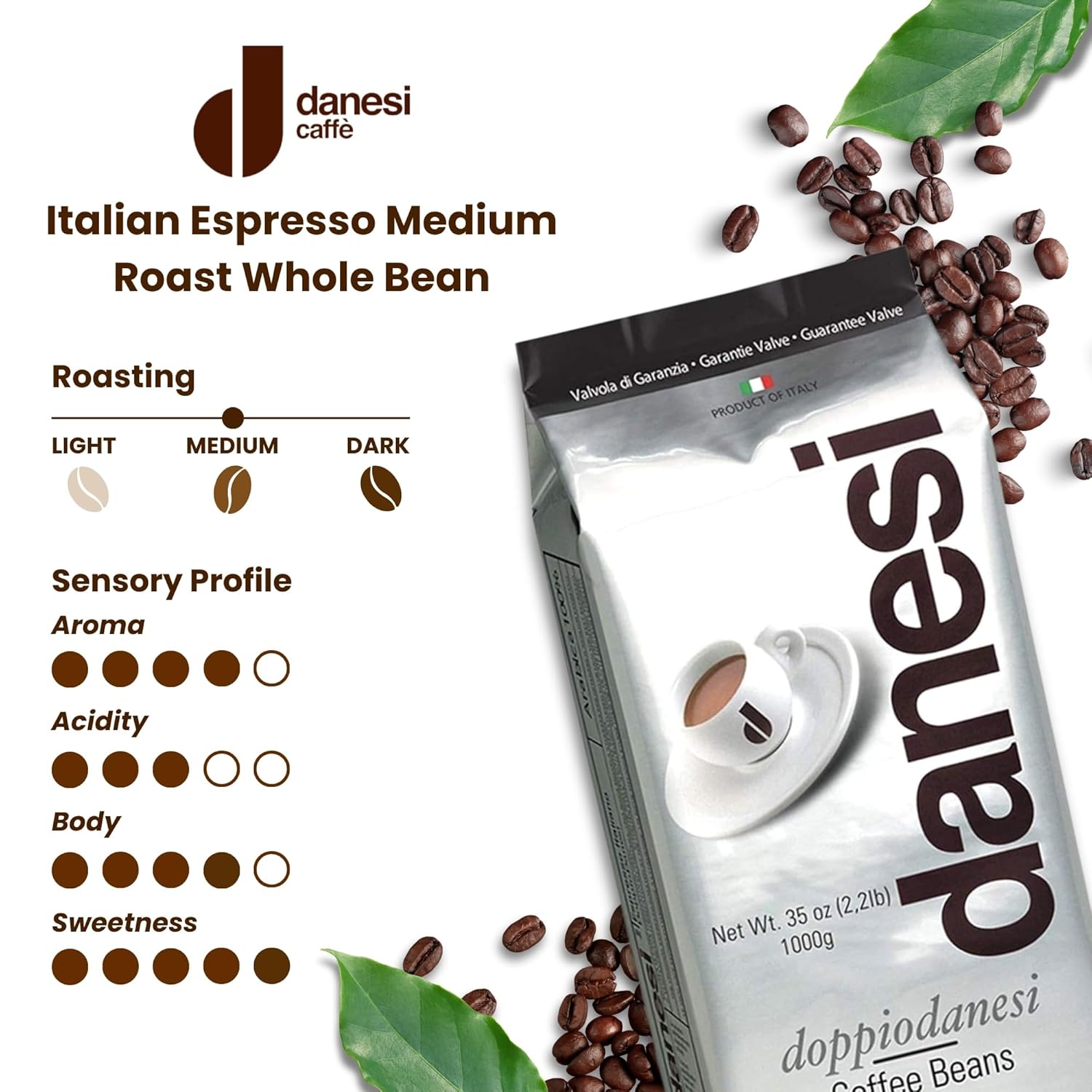 Danesi Caffe Italian Whole Coffee Beans - Espresso Coffee Beans And Medium Roast Whole Bean - Perfect For Espresso Machines, French Press, And Home Brewing - Doppio (4.5 Lb)