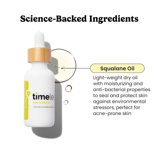 Timeless Skin Care Squalane Oil 100% Pure - Plant-Based Face Oil - Fragrance-Free - For Dry Skin - Moisturizing - 2 Oz
