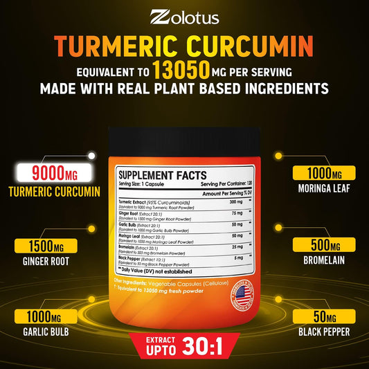6 In 1 Turmeric Curcumin + Ginger Capsules, 95% Curcuminoids, Equivalent To 13050Mg, With Ginger, Garlic Bulb, Bromelain, Moringa, Black Pepper, Joint Inflammatory & Absorption Support