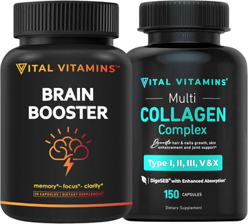 Vital Vitamins Brain Booster (30 Ct) + Multi Collagen Pills (150 Ct)