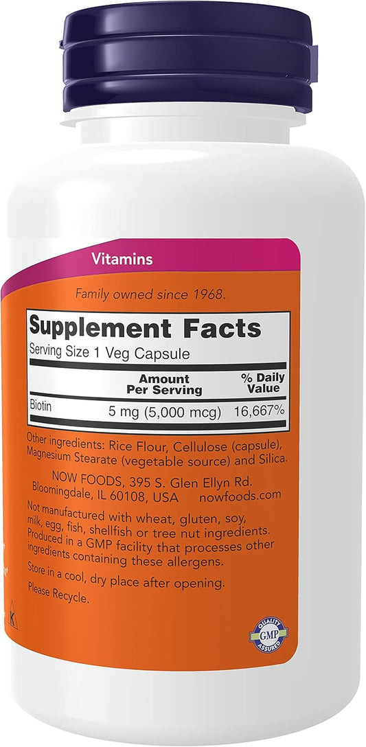 Now Supplements, Biotin 5,000 Mcg, Amino Acid Metabolism*, Energy Production*, 120 Veg Capsules (Pack Of 2)