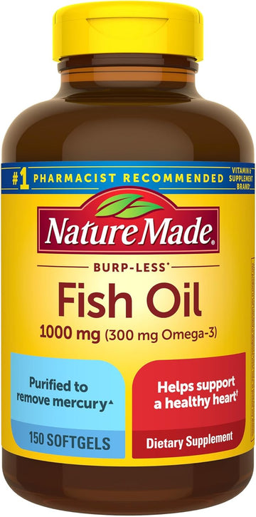 Nature Made Burp Less Fish Oil Omega 3 Supplements, 1000Mg Softgels, Omega 3 Fish Oil Supplements For Healthy Heart Support, 320 Softgels, 160 Day Supply