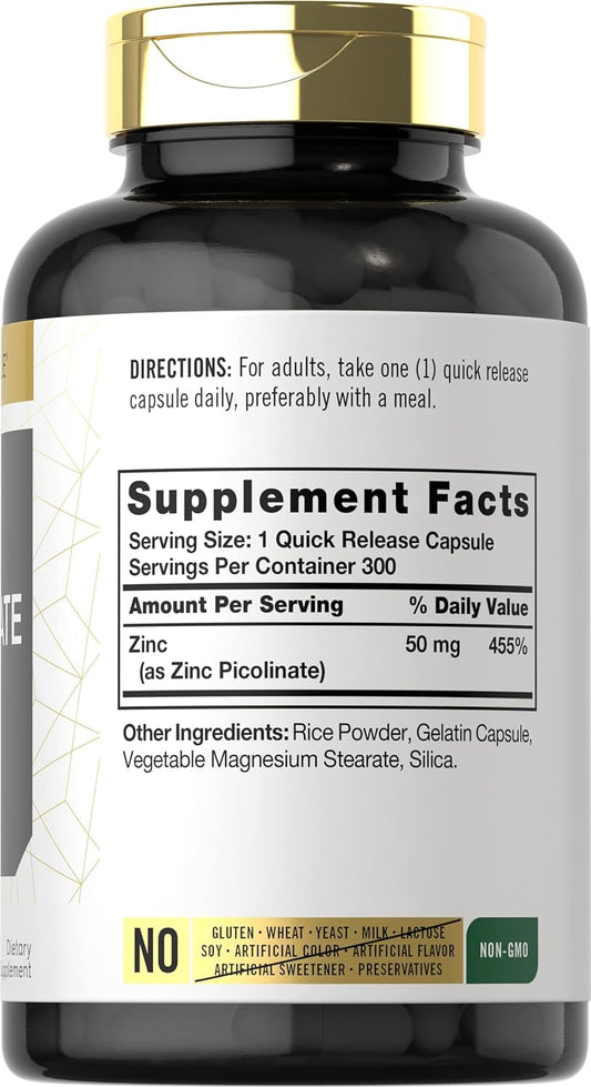 Zinc Picolinate 50Mg | 300 Capsules | Value Size | Non-Gmo And Gluten