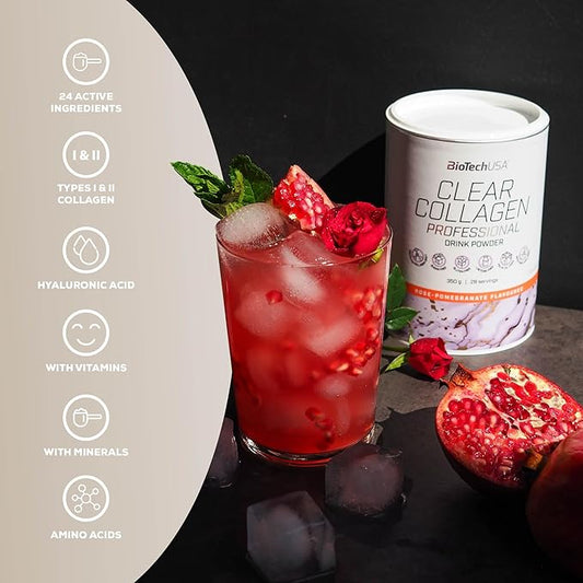 Biotechusa Clear Collagen Professional, Flavoured Drink Powder Containing Hydrolysed Collagen, Hyaluronic Acid, Amino Acids, Vitamins, Minerals, 350 G, Peach Ice Tea
