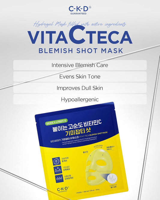 Ckd Vita C Teca Blemish Shot Mask - Hydrogel Firming Face Mask Sheet With Pure Vitamin C & Centella Asiatica, Radiance, Relief For Dark Spots & Blemishes, 10 Sheets