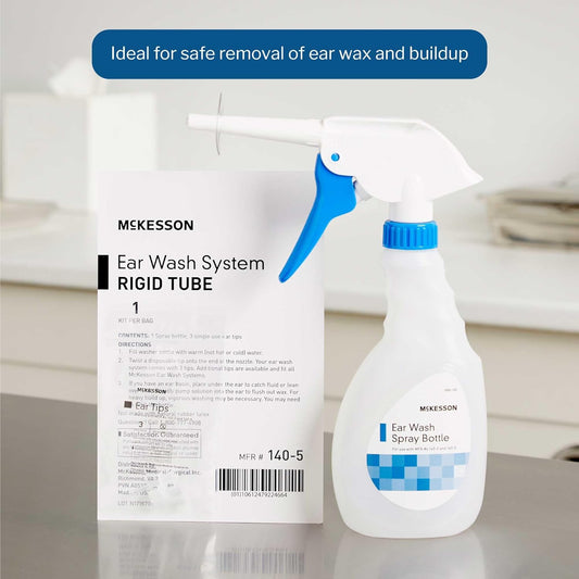 Mckesson Ear Wash Spray Bottle For Ear Wax Removal, Rigid Tube, With Disposable Tips - Blue And White, 16 Fl Oz, 1 Count, 1 Pack