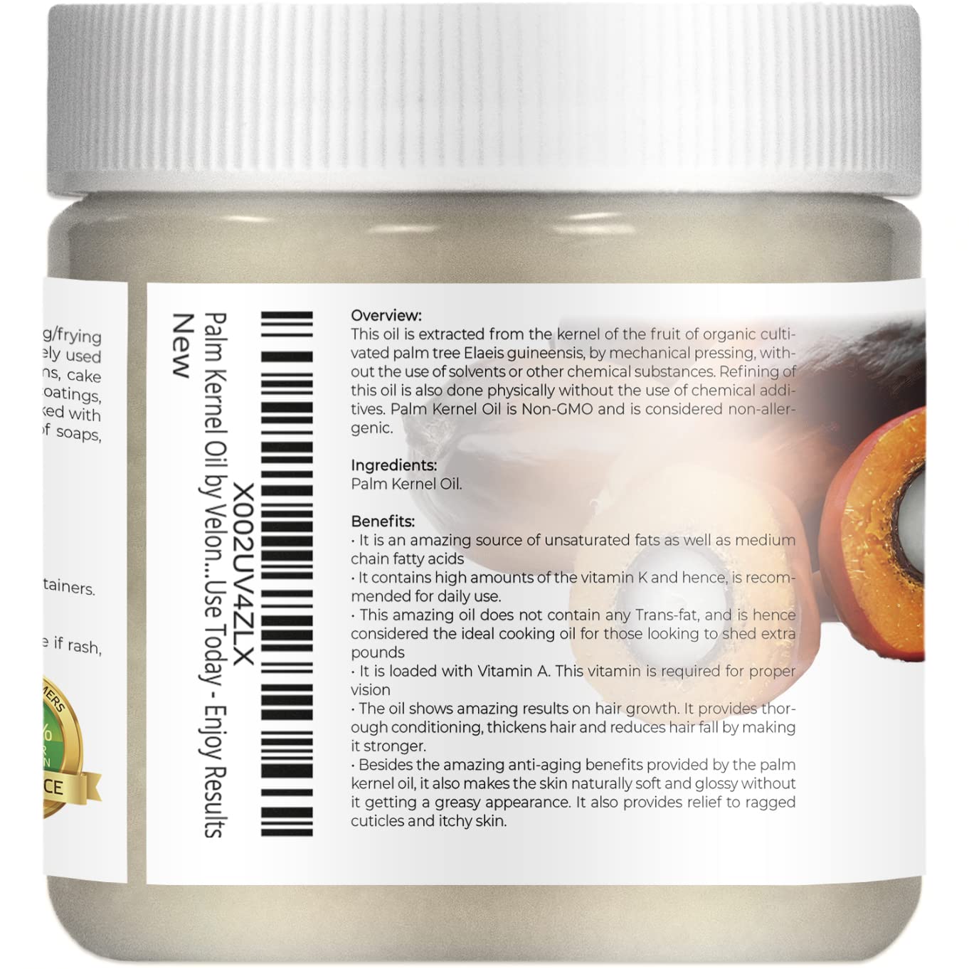velona USDA Certified Organic Palm Kernel Oil - 4 oz | 100% Pure and Natural Carrier Oil | Refined, Cold Pressed | Face, Hair, Body & Skin Care : Beauty & Personal Care