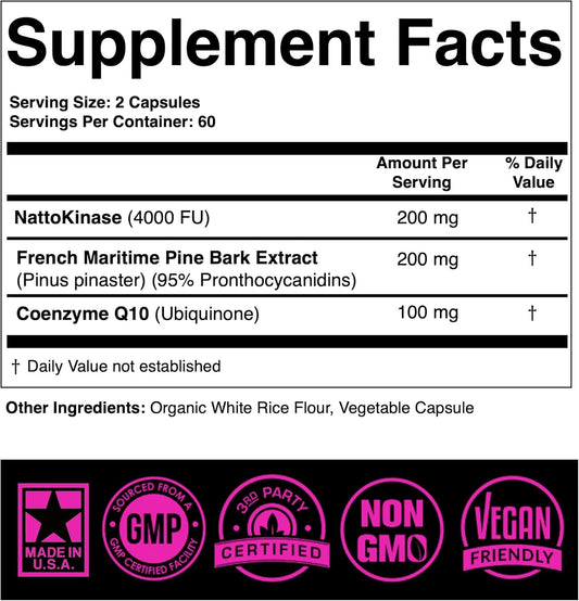 Nattokinase Supplement 4000 Fu Coq10 100Mg French Maritime Pine Bark Extract 200Mg With Enzymes For Circulatory & Cardiovascular Support (Pack Of 1 At 120-Caps)