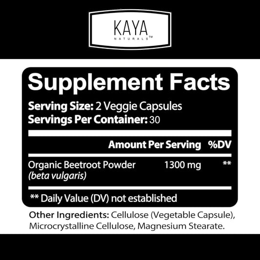 Kaya Naturals Premium Organic Beet Root Powder | Beet Root Extract, Athletic Performance Aids Healthy Circulation & Nitric Oxide Booster, Non-Gmo & Gluten-Free, 1300Mg Per Serving - 60 Veggie Capsules