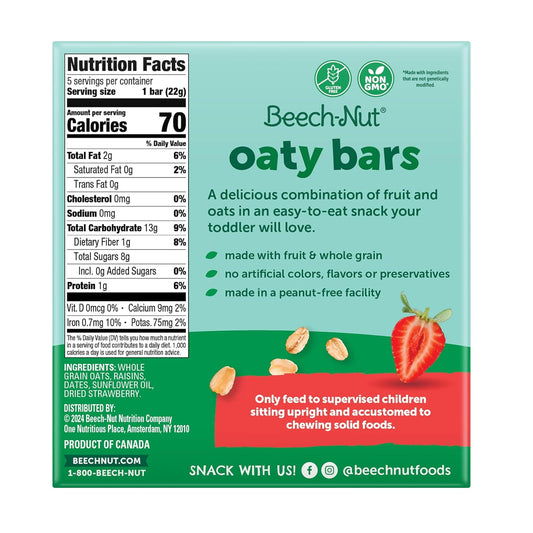 Beech-Nut Toddler Snacks Oaty Bars Granola Bars For Babies & Toddlers, Fruit & Whole Grain Strawberry Snack Bar, Gluten Free Toddler Snack, 6 Boxes (30 Individually Wrapped Bars)