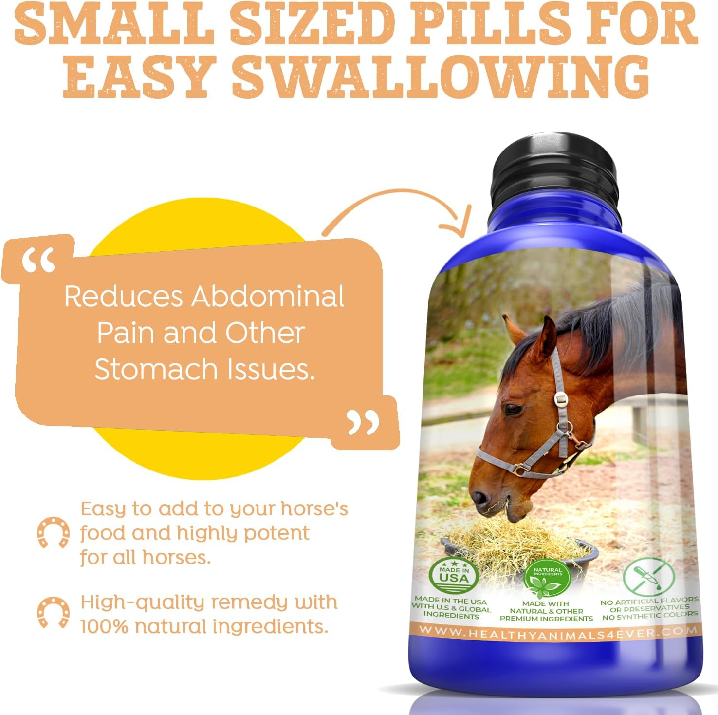 HealthyAnimals4Ever All-Natural Horse Colic Support - Reduces Abdominal Pain and Other Stomach Issues - Supplements for Horses - Homeopathic & Highly Effective - 300 Tablets