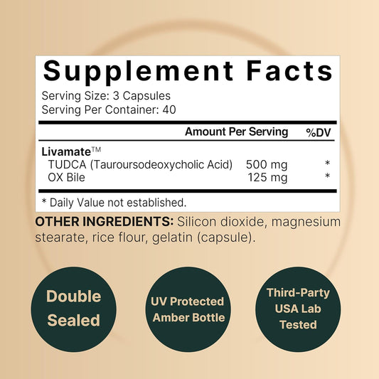 Tudca 500Mg With Ox Bile 125Mg Per Serving, 120 Capsules โ Bile Salts Support, High Absorption Livamate Formula | Liver Cleanse Detox & Repair Supplement | Natural Bitter Taste โ Third Party Tested