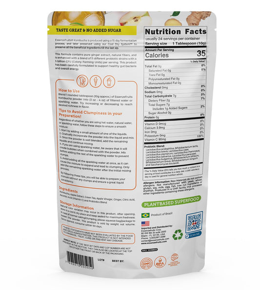 Essenzefruits Apple Ginger Kombucha Tea Powder Mix Beverage – Sugar Free, Fermented & Dried - Just Add Water! Live Probiotics & Prebiotic Blend, Vitamin C - Makes Up To 30 Cups (8 Oz, 226G)
