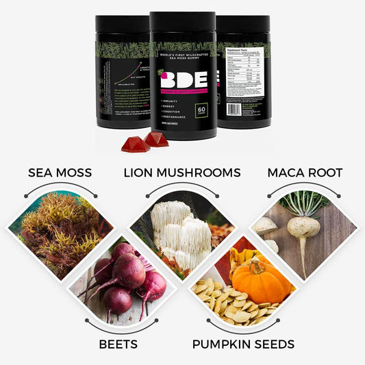 Bde Wildcrafted Sea Moss Gummy Maca Root, Beets, Lions Mane Mushroom, Vitamin D + E - Vegan Collagen, Zinc, Immunity & Detox, Gut Health - 60 Count