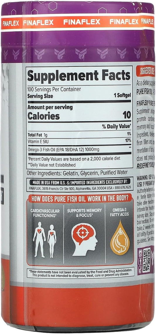 Finaflex Pure Fish Oil - 100 Softgels - Promotes Cardiovascular Function, Supports Memory & Focus - With Omega-3 Fatty Acids - 100 Servings : Health & Household