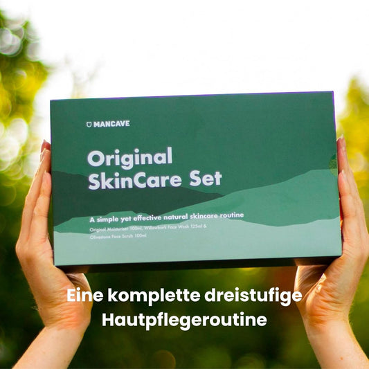 Mancave Originals Skincare Gift Set With 3 Key Skin Care Essentials With Face Wash, Face Scrub And Moisturiser For Men, Vegan, Natural Formulations, Tubes Made From Recycled Plastics, Made In England