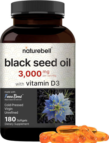 Naturebell Cold Pressed Black Seed Oil 3,000Mg Per Serving With Vitamin D3 2,000Iu, 180 Softgels | Egyptian Nigella Sativa, Odorless Black Cumin Seed, Virgin Liquid Oil Capsules β Non-Gmo