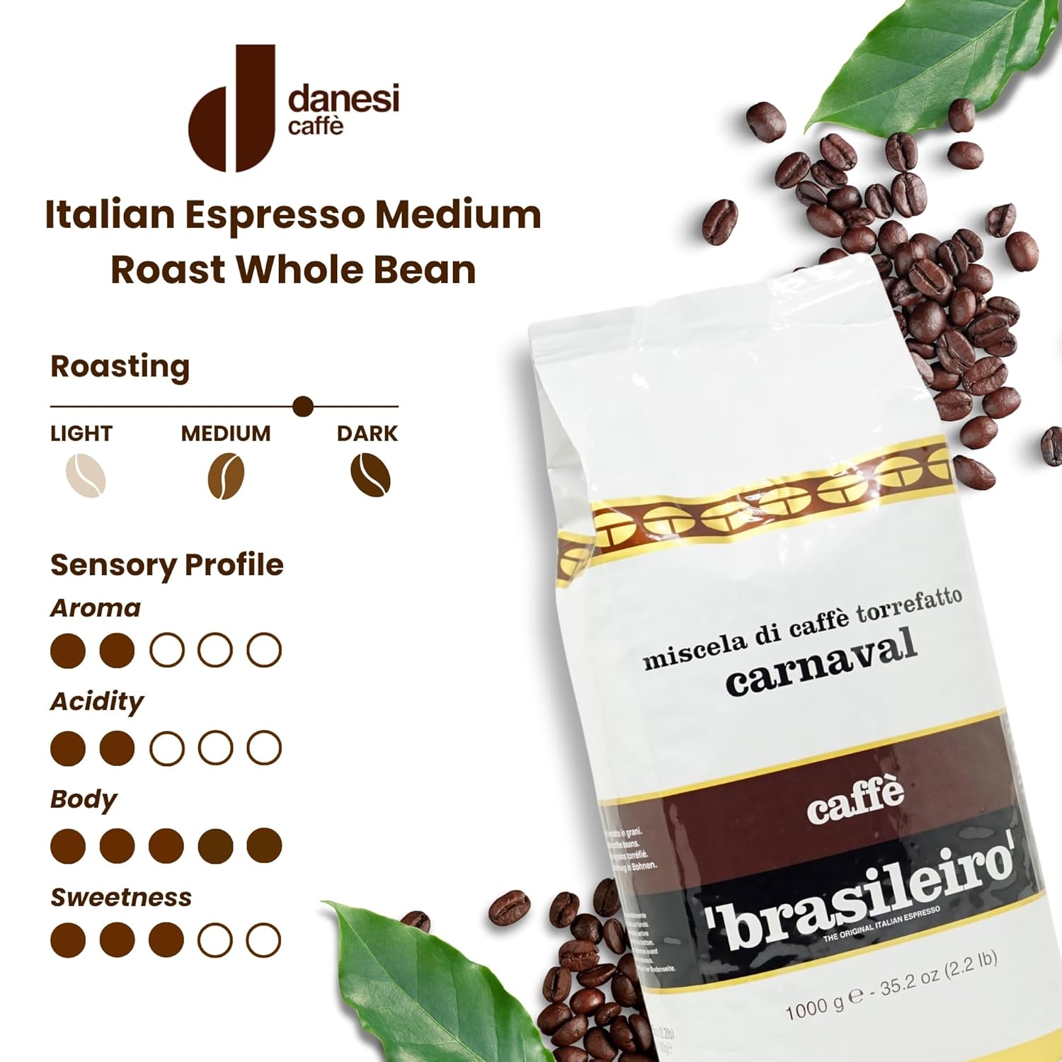 Danesi Caffe Italian Whole Coffee Beans - Espresso Coffee Beans And Medium Roast Whole Bean - Perfect For Espresso Machines, French Press, And Home Brewing - Brasileiro (2.2 Lb)