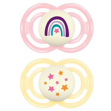 Mam Perfect Night Baby Pacifier, Patented Nipple, Glows In The Dark, 2 Pack, 16+ Months, Pink