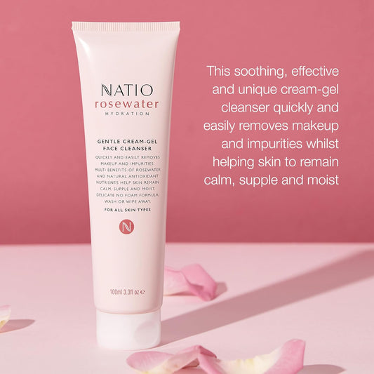 Natio Australia Rosewater Hydration Gentle Cream-Gel Face Cleanser, 100 Ml - Facial Cleanser With Rosewater - Travel Size Face Wash For All Skin Types