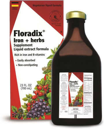Floradix Iron & Herbs - Liquid Herbal Supplement For Energy Support - Iron Supplement With Vitamin C & B Complex Vitamins - Liquid Iron Supplement For Men & Women - 23 Oz