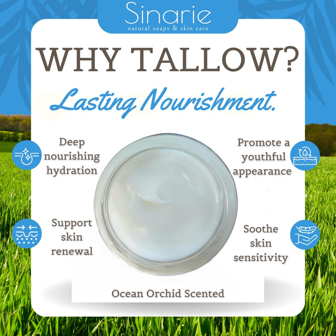 Sinarie Grass-Fed Beef Tallow Body Butter - Emulsified, Non-Greasy Moisturizer, 4 Oz Soaps & Skin Care (4 Oz., Ocean Orchid) : Beauty & Personal Care