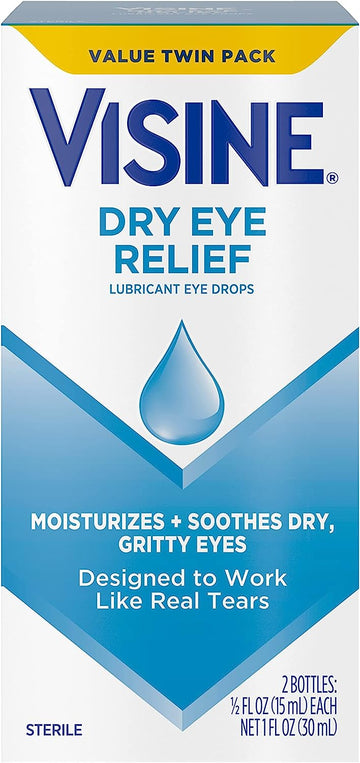 Visine Dry Eye Relief Lubricant Eye Drops To Moisturize And Soothe Irritated, Gritty And Dry Eyes, Designed To Work Like Real Tears, Polyethylene Glycol 400, Twin Pack, 2 X 0.5 Fl. Oz