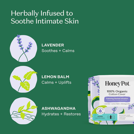 Honey Pot 100% Organic Cotton Cover Calming Herbal Infusion Super Pads, 16 Count