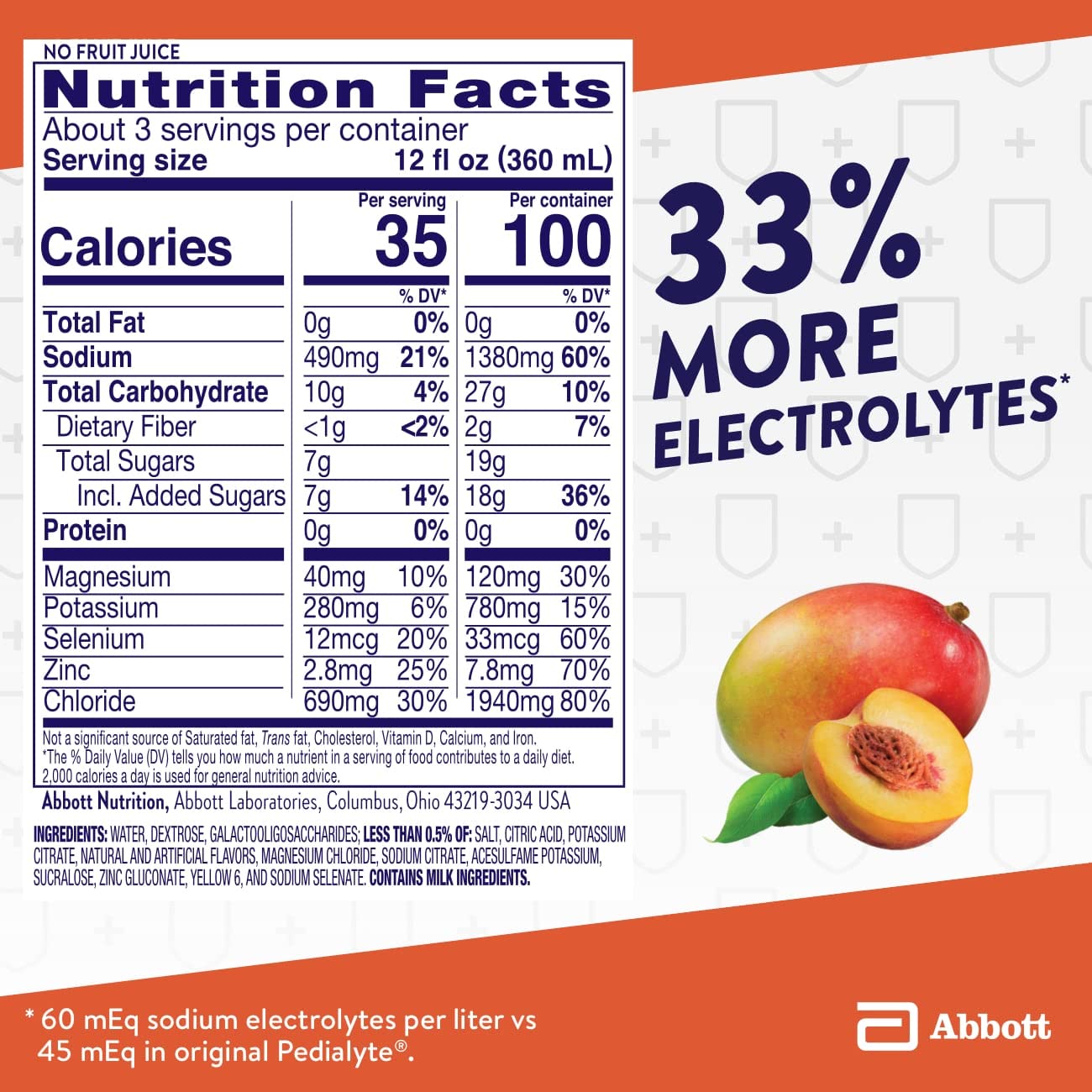 Pedialyte With Immune Support Electrolyte Solution, Peach Mango, Hydration Drink With Zinc, Selenium, And Magnesium, 1 Liter, Pack Of 4