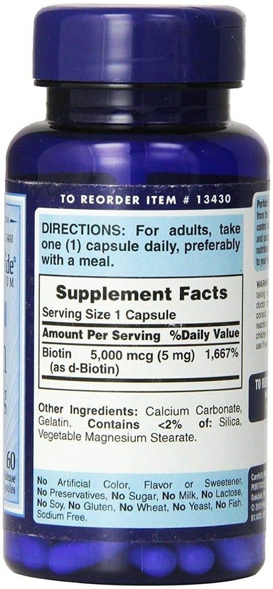 Puritan'S Pride Vitamin Capsules, Super Biotin, 5000 Mcg, 60 Count, 60 Count