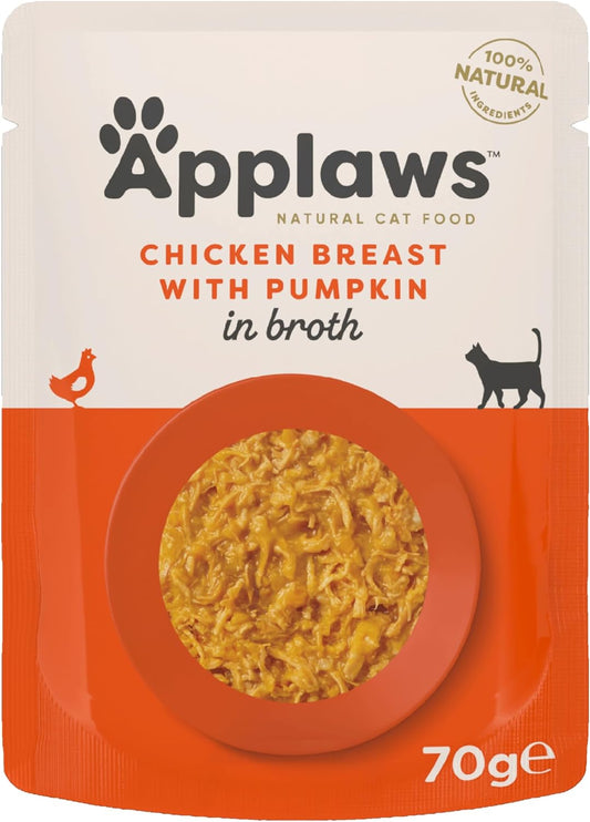 Applaws 100% Natural Wet Cat Food, Chicken Breast And Pumpkin In Broth 70G Pouch, 12X70G Pouches8001Ml-A