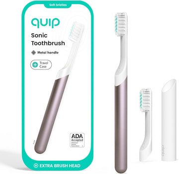 Quip Metal Sonic Toothbrush, Electric Toothbrush For Adults –Time Travel & Soft Bristles With Travel Case & Replaceable Brush Head -3-Month Battery Life - Moonrise Champagne