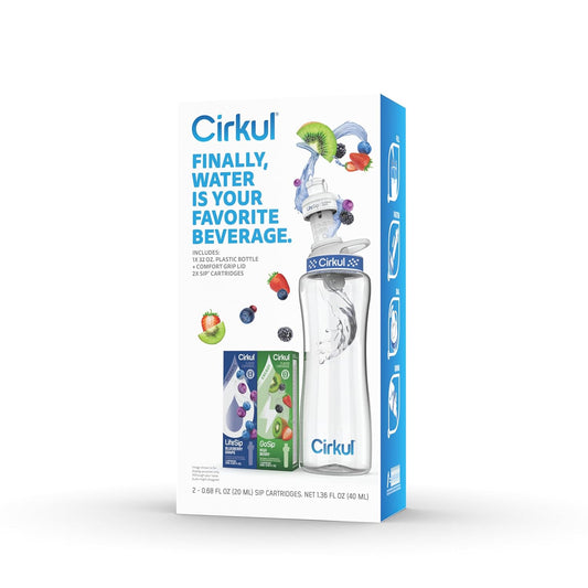 Cirkul 32Oz. Bpa-Free Plastic Water Bottle Starter Kit With Navy Lid, 2 Flavor Cartridges (1 Lifesip Blueberry Grape, 1 Gosip Kiwi Berry) Zero Calories And No Sugar