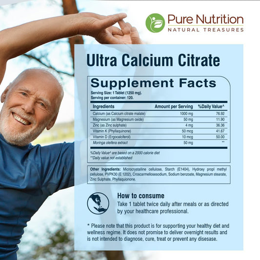Pure Nutrition Ultra Calcium Citrate Malate | 1000Mg Highly Absorbable Calcium Supplement With Calcium Citrate Malate, Vitamin D3, Magnesium And Zinc | Non-Gmo | Gluten-Free | 120 Veg Tabs